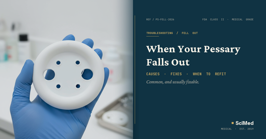 Ring pessary with support held by gloved clinician — SciMed featured image for My Pessary Fell Out troubleshooting guide