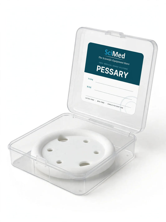 Clear hinged pessary storage case holding a ring pessary