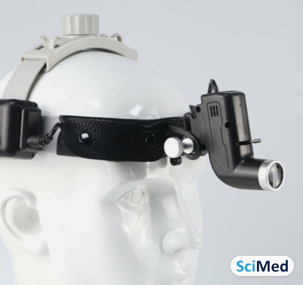 SciMed ENT LED headlight – Black, side view with battery