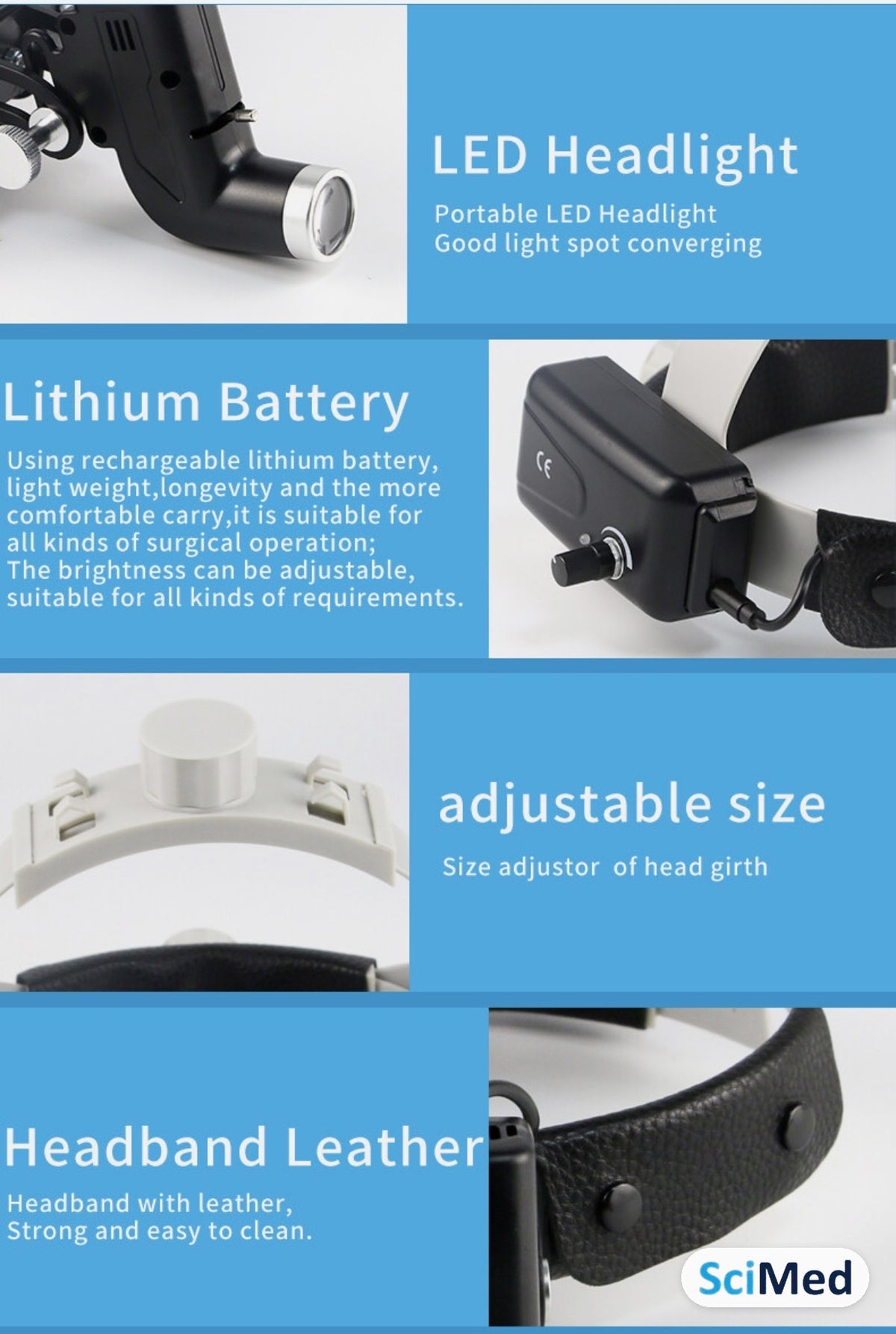 SciMed ENT LED headlight – features: LED, lithium battery, adjustable size, leather headband