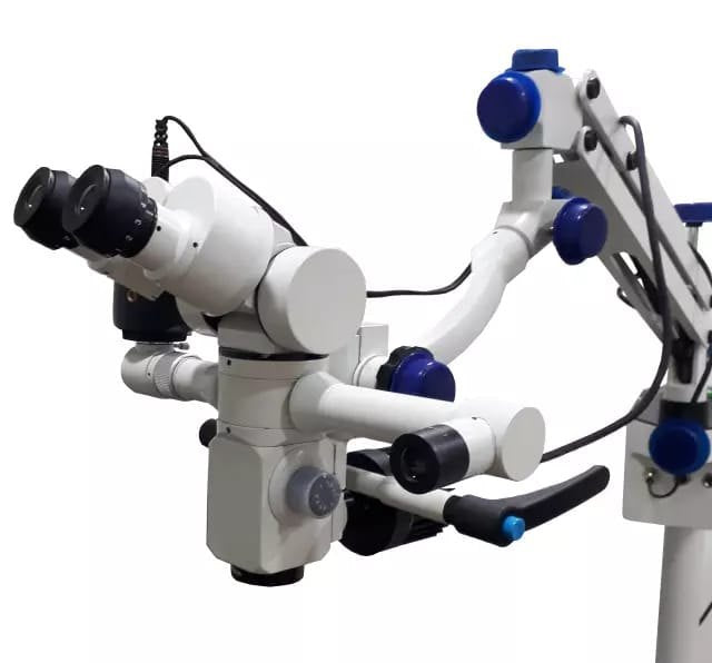 SciMed 3-Step Dental Microscope head close-up with handles and focus controls
