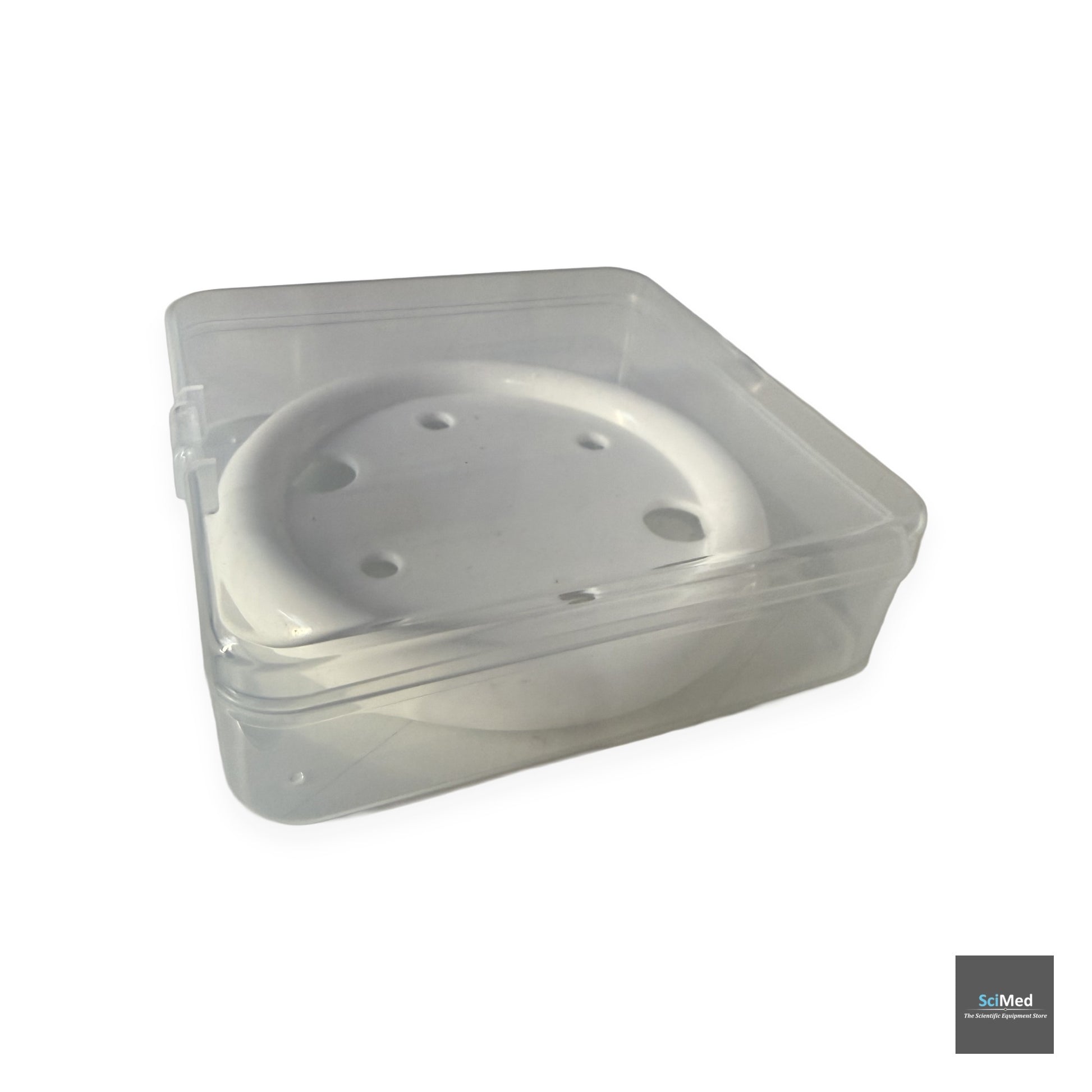 Pessary case 3/4 angle view — clear plastic hinged travel case with SciMed logo