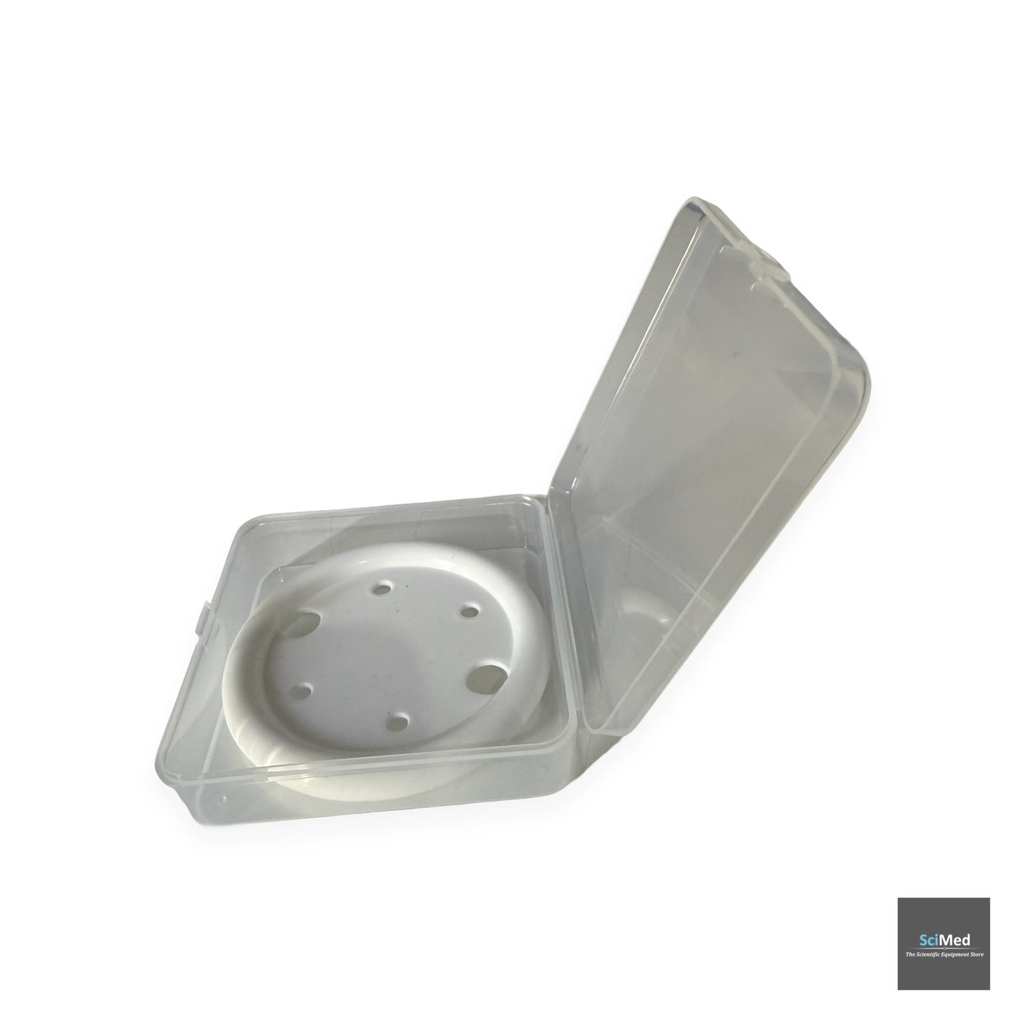 Pessary case open standing — hinge and interior insert visible