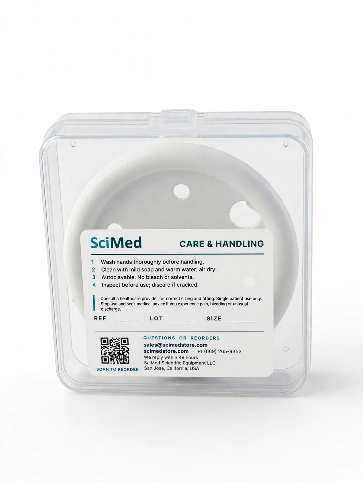 Back of SciMed pessary case — care and handling label with reorder QR code
