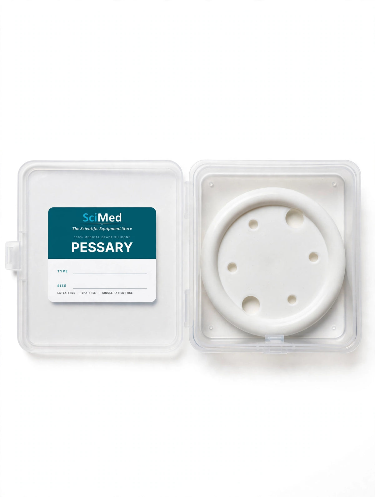 SciMed pessary case laid open flat — label on lid with space to write pessary type and size